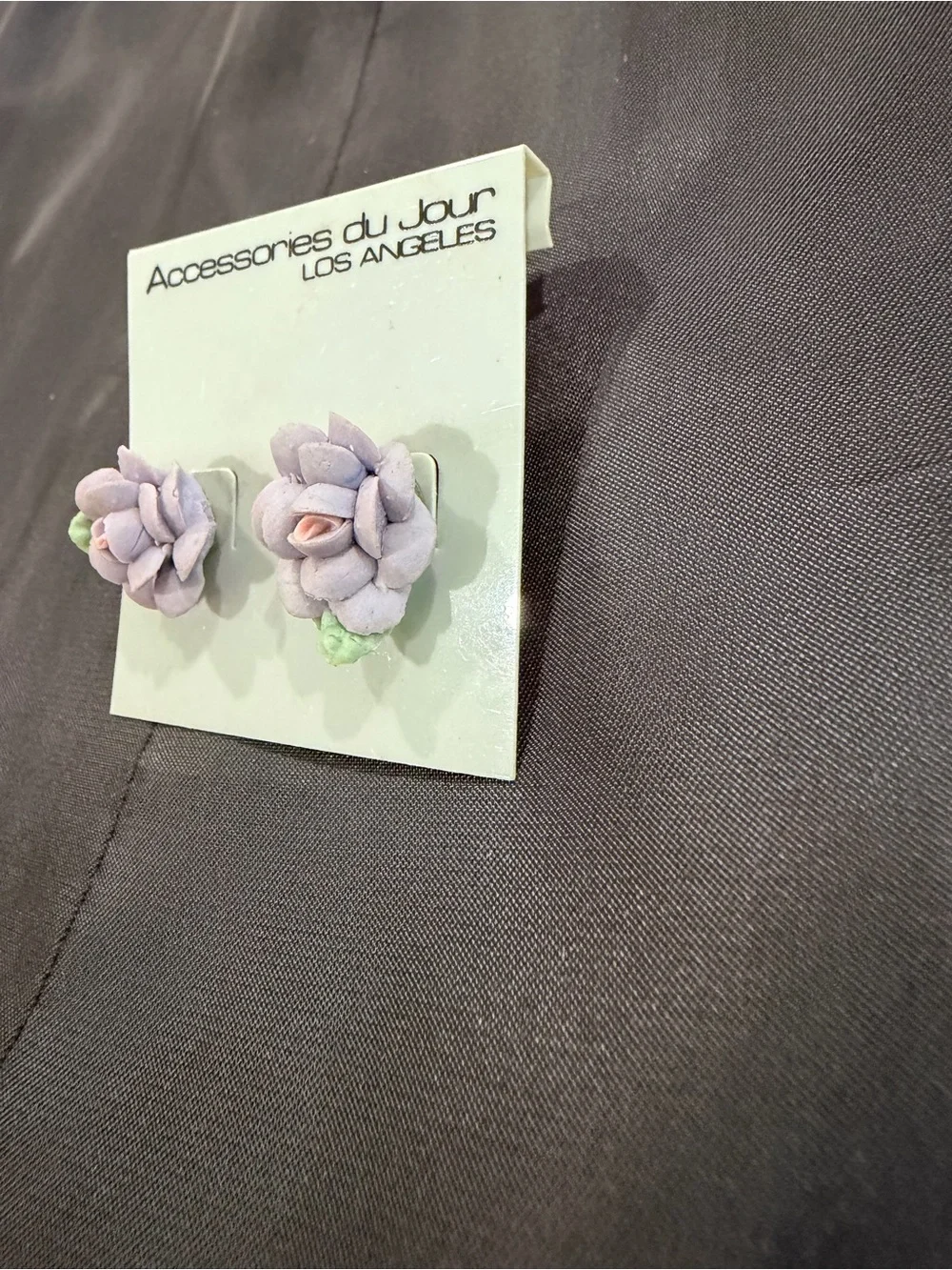 Vintage Accessories du Jour LA Purple Lavender Porcelain Rose Earrings